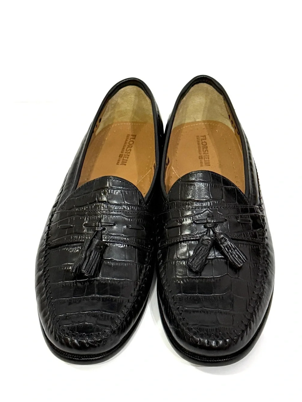 Florsheim Black Croc Embossed Leather Tassel Loafers Men’s 9.5 D USA